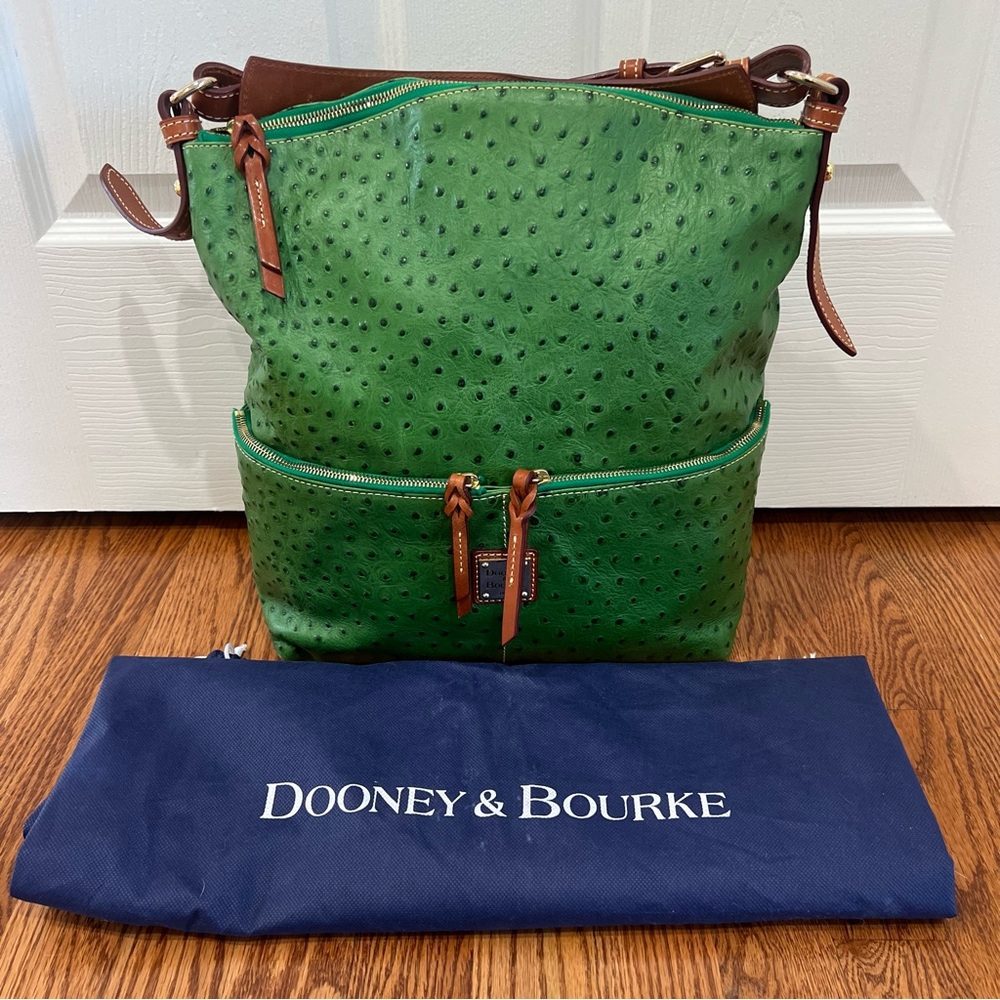 Dooney & Bourke Ostrich Leather Green Large Pocket Satchel Shopper Handbag